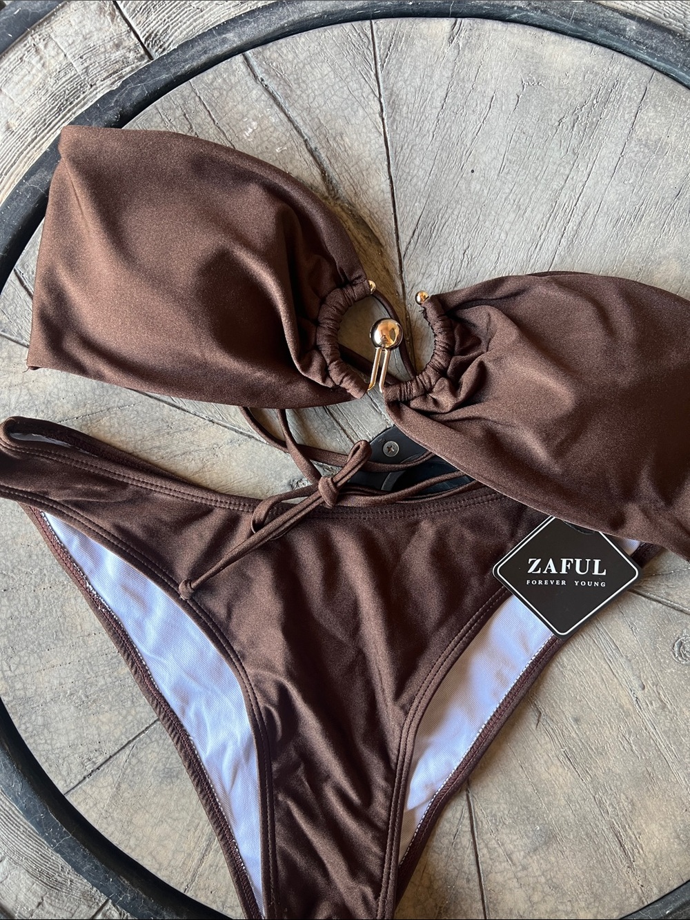 Zaful Chocolate Brown Bandeau Bikini with Gold Ring Size 8. B3